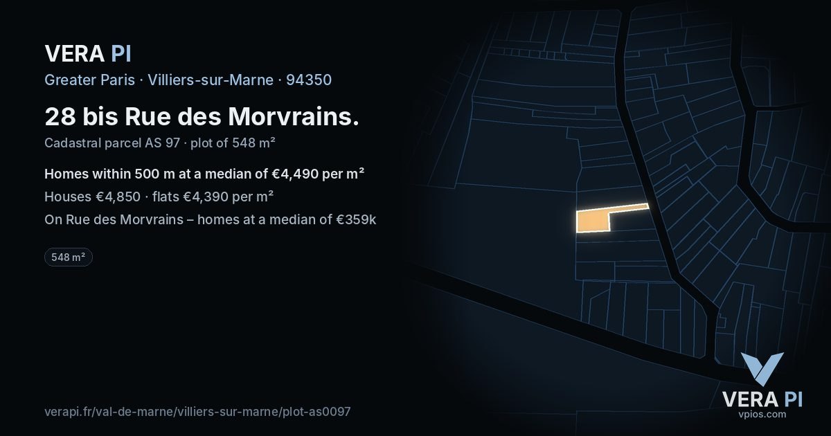28 bis Rue des Morvrains, Villiers-sur-Marne at night – the plot lit, the parcels around coloured by the prices near them