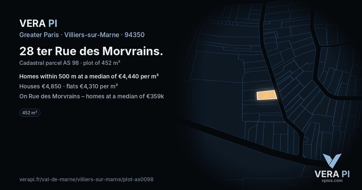 28 ter Rue des Morvrains, Villiers-sur-Marne at night – the plot lit, the parcels around coloured by the prices near them