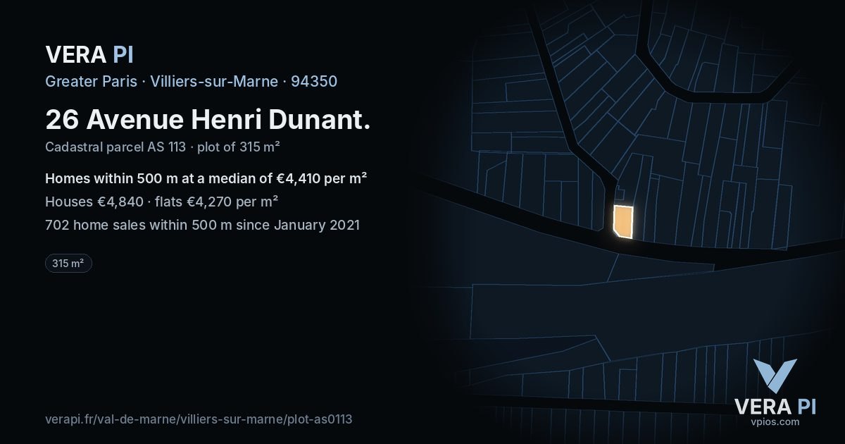 26 Avenue Henri Dunant, Villiers-sur-Marne at night – the plot lit, the parcels around coloured by the prices near them