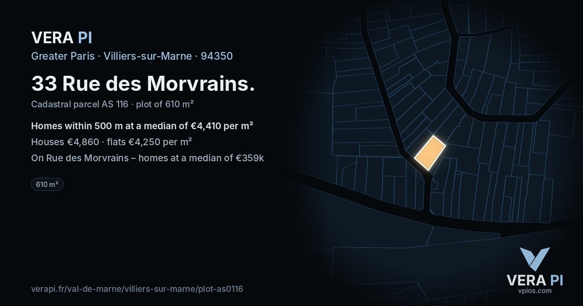 33 Rue des Morvrains, Villiers-sur-Marne at night – the plot lit, the parcels around coloured by the prices near them
