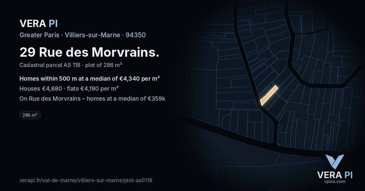 29 Rue des Morvrains, Villiers-sur-Marne at night – the plot lit, the parcels around coloured by the prices near them