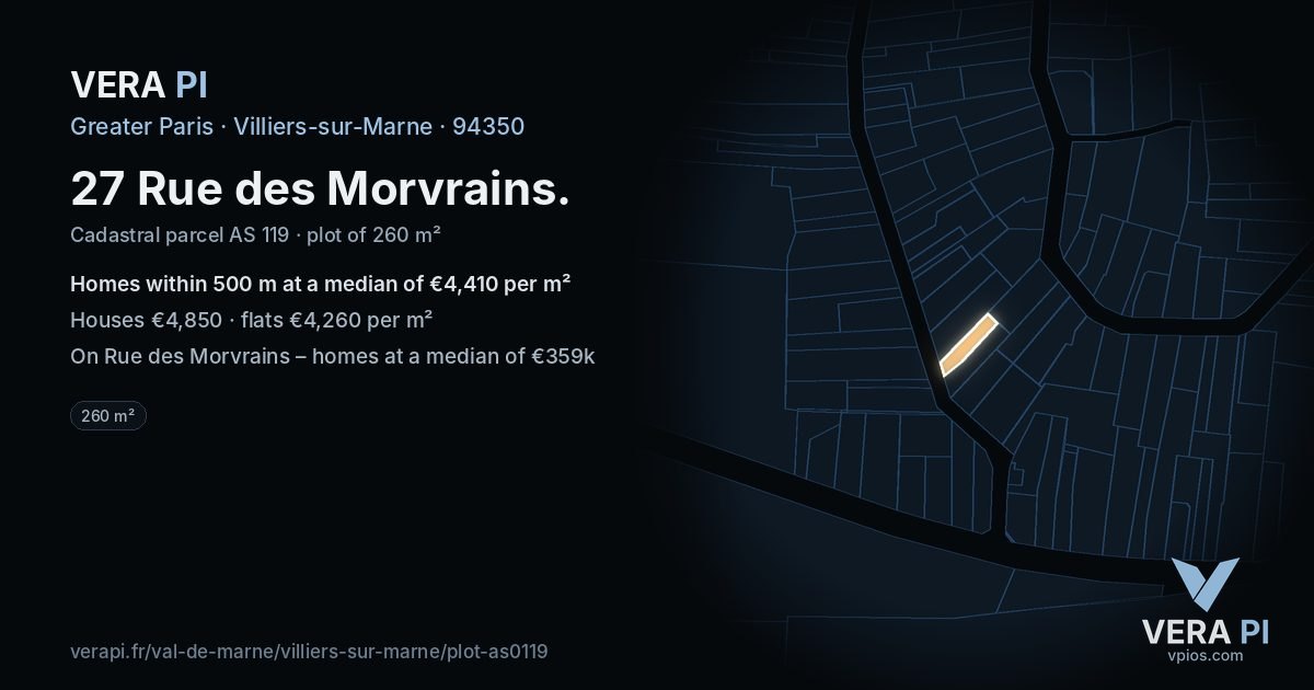 27 Rue des Morvrains, Villiers-sur-Marne at night – the plot lit, the parcels around coloured by the prices near them