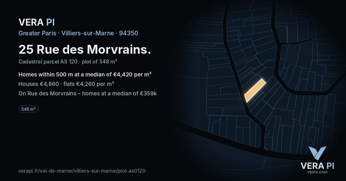25 Rue des Morvrains, Villiers-sur-Marne at night – the plot lit, the parcels around coloured by the prices near them