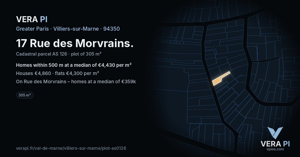 17 Rue des Morvrains, Villiers-sur-Marne at night – the plot lit, the parcels around coloured by the prices near them