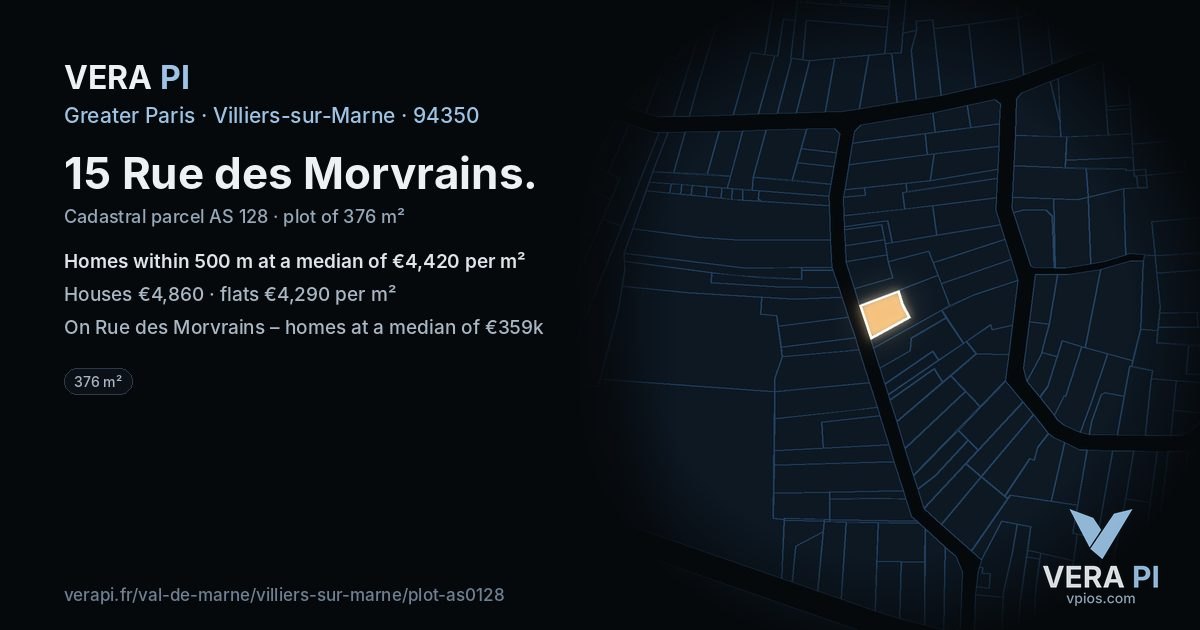 15 Rue des Morvrains, Villiers-sur-Marne at night – the plot lit, the parcels around coloured by the prices near them