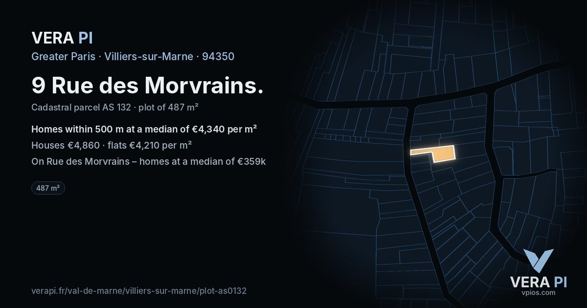 9 Rue des Morvrains, Villiers-sur-Marne at night – the plot lit, the parcels around coloured by the prices near them