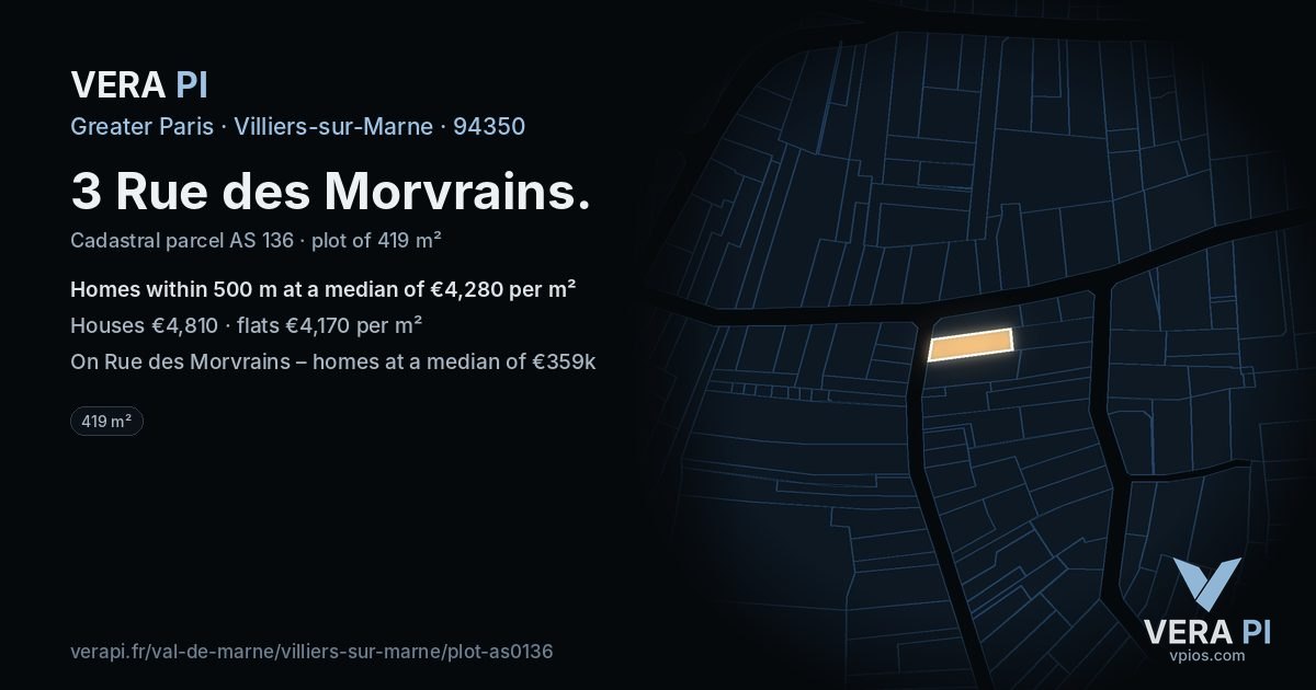 3 Rue des Morvrains, Villiers-sur-Marne at night – the plot lit, the parcels around coloured by the prices near them