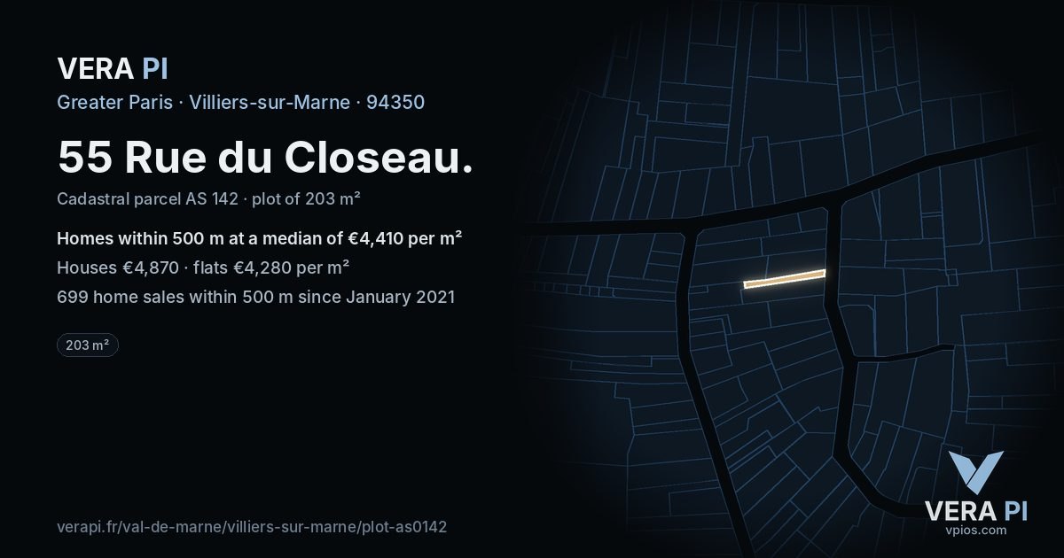 55 Rue du Closeau, Villiers-sur-Marne at night – the plot lit, the parcels around coloured by the prices near them