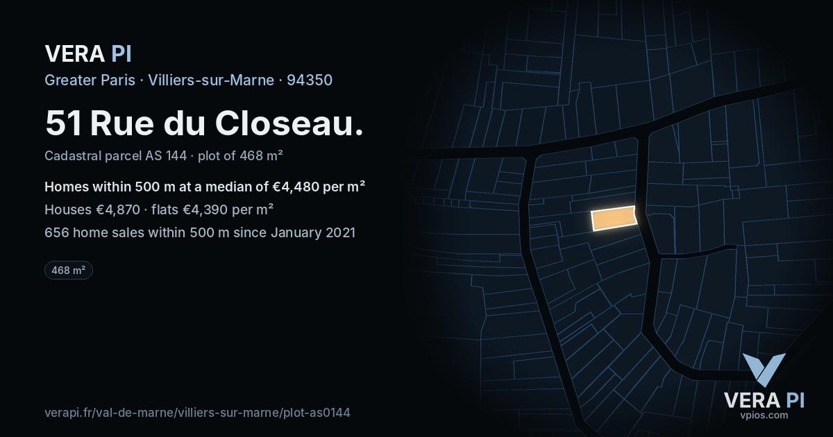 51 Rue du Closeau, Villiers-sur-Marne at night – the plot lit, the parcels around coloured by the prices near them