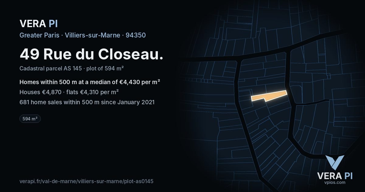 49 Rue du Closeau, Villiers-sur-Marne at night – the plot lit, the parcels around coloured by the prices near them