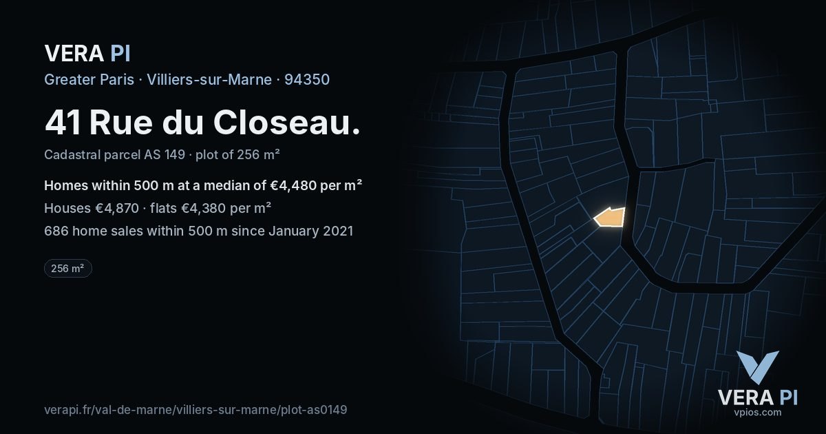 41 Rue du Closeau, Villiers-sur-Marne at night – the plot lit, the parcels around coloured by the prices near them