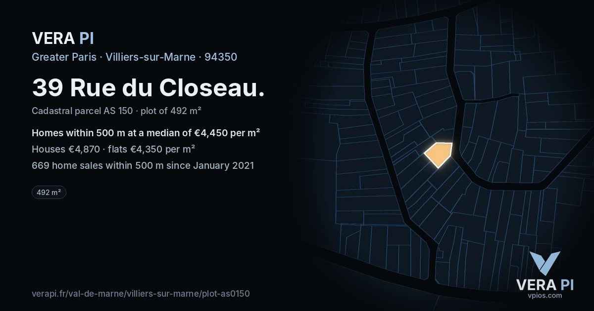 39 Rue du Closeau, Villiers-sur-Marne at night – the plot lit, the parcels around coloured by the prices near them