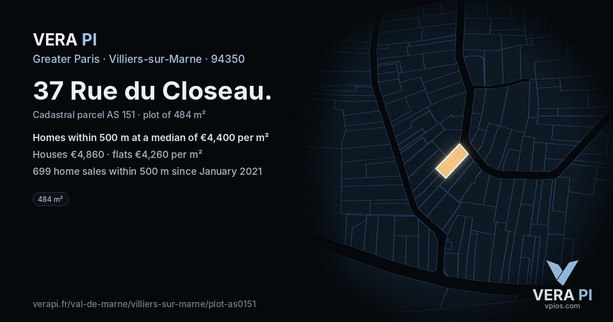 37 Rue du Closeau, Villiers-sur-Marne at night – the plot lit, the parcels around coloured by the prices near them