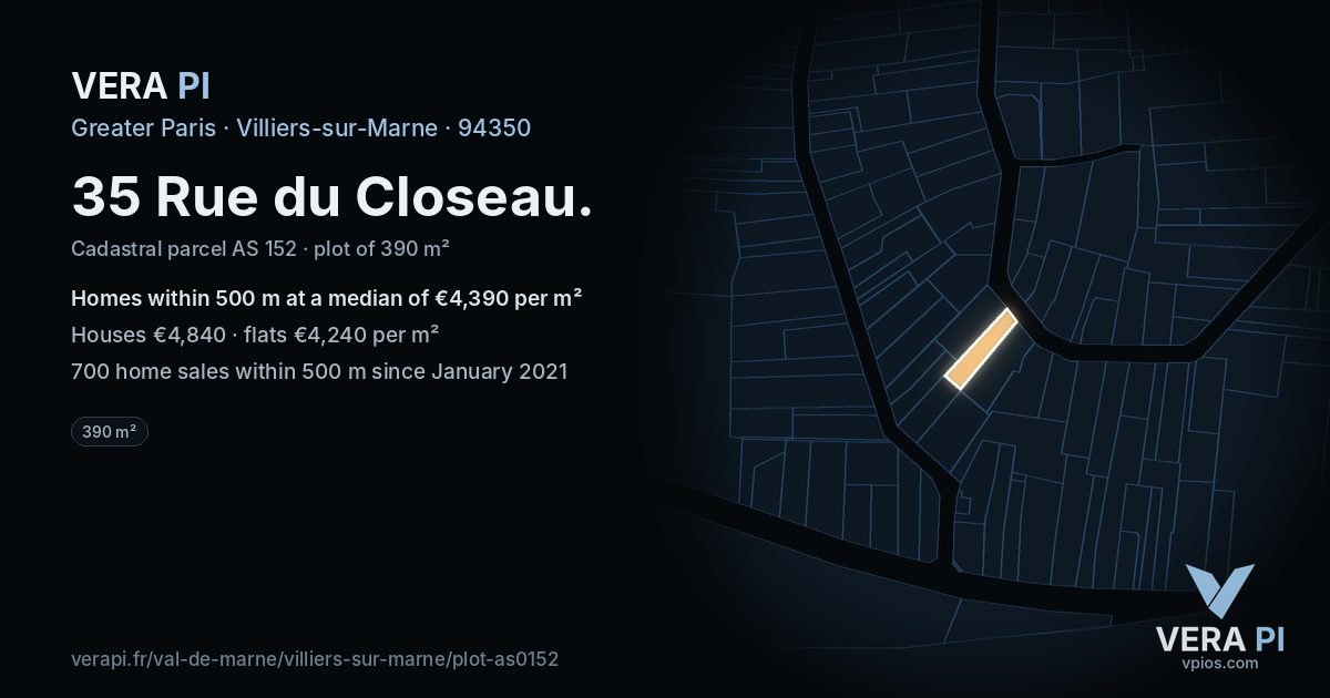 35 Rue du Closeau, Villiers-sur-Marne at night – the plot lit, the parcels around coloured by the prices near them