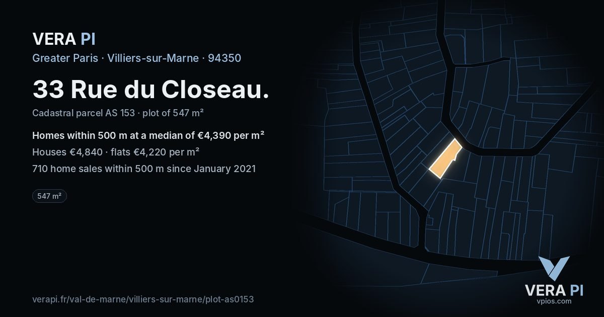 33 Rue du Closeau, Villiers-sur-Marne at night – the plot lit, the parcels around coloured by the prices near them