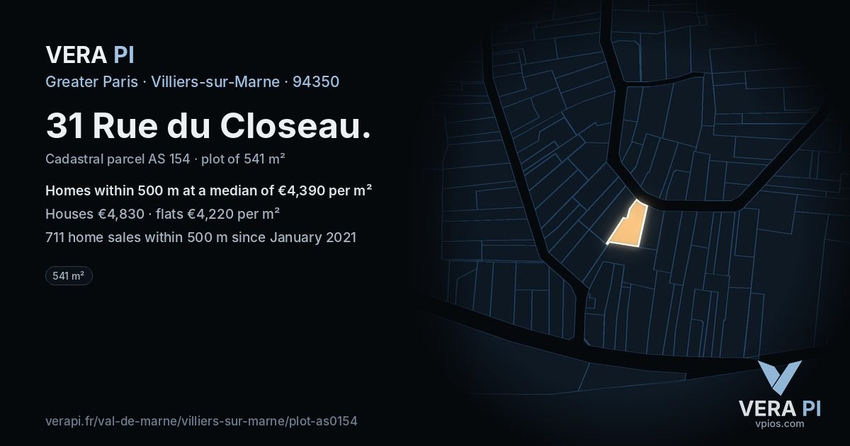 31 Rue du Closeau, Villiers-sur-Marne at night – the plot lit, the parcels around coloured by the prices near them