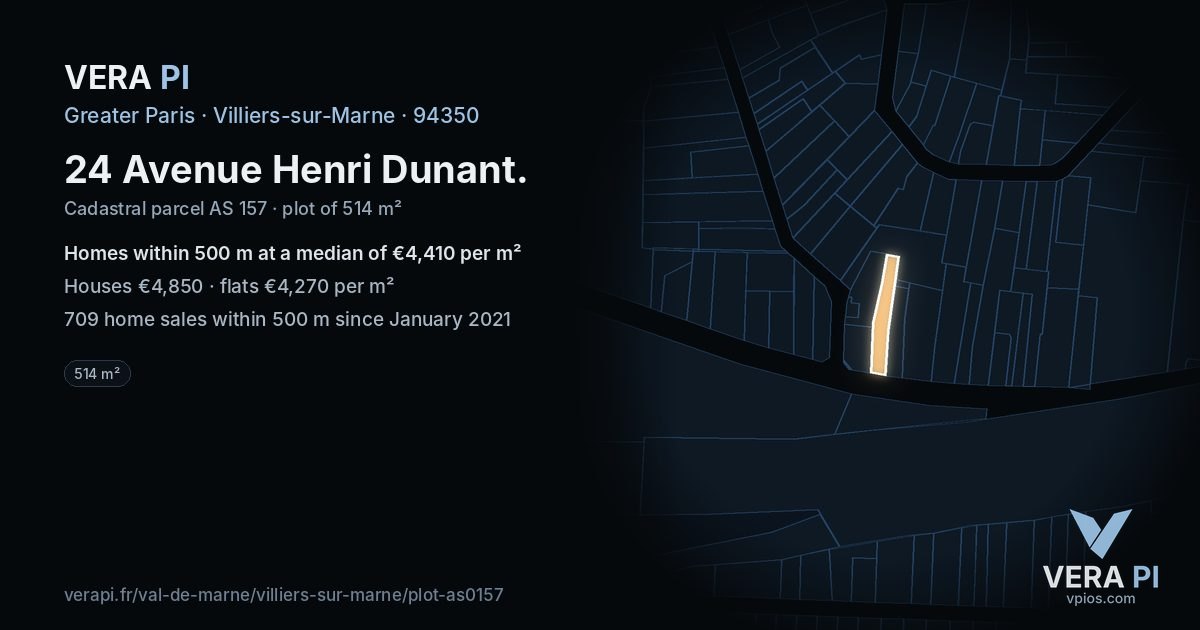 24 Avenue Henri Dunant, Villiers-sur-Marne at night – the plot lit, the parcels around coloured by the prices near them