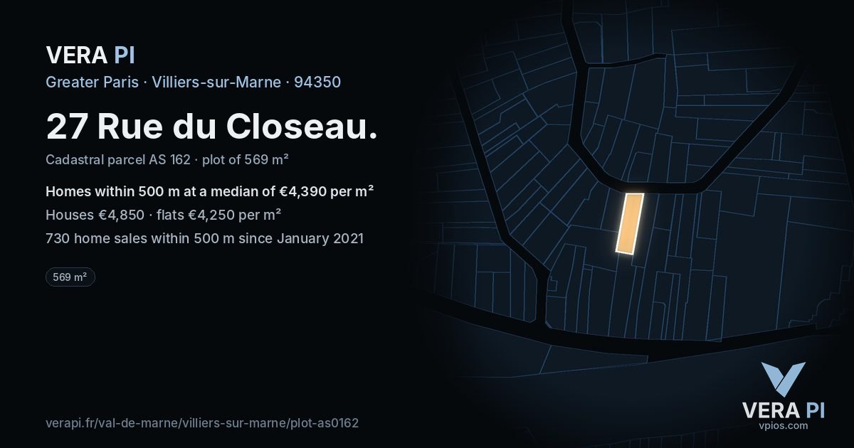 27 Rue du Closeau, Villiers-sur-Marne at night – the plot lit, the parcels around coloured by the prices near them