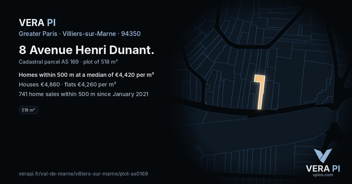 8 Avenue Henri Dunant, Villiers-sur-Marne at night – the plot lit, the parcels around coloured by the prices near them