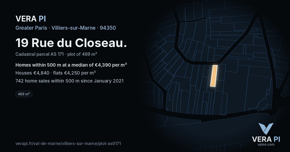 19 Rue du Closeau, Villiers-sur-Marne at night – the plot lit, the parcels around coloured by the prices near them