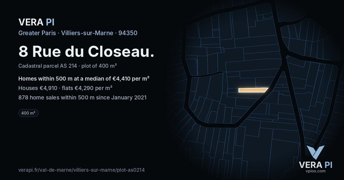 8 Rue du Closeau, Villiers-sur-Marne at night – the plot lit, the parcels around coloured by the prices near them