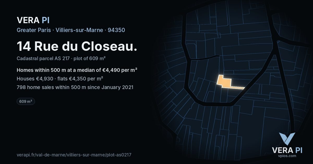 14 Rue du Closeau, Villiers-sur-Marne at night – the plot lit, the parcels around coloured by the prices near them