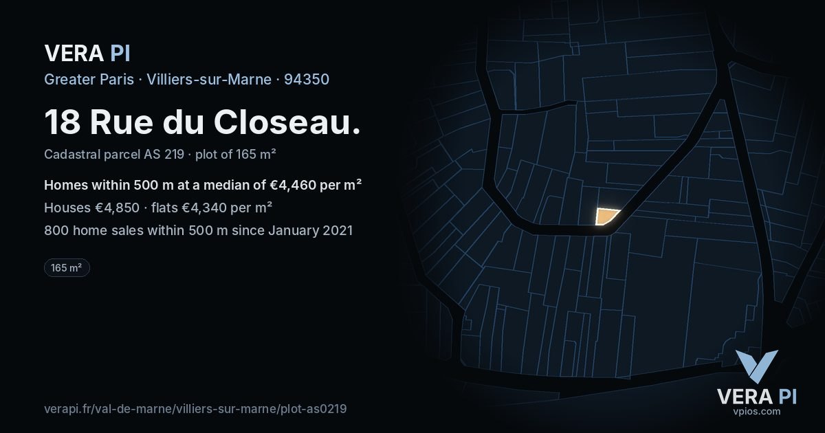 18 Rue du Closeau, Villiers-sur-Marne at night – the plot lit, the parcels around coloured by the prices near them