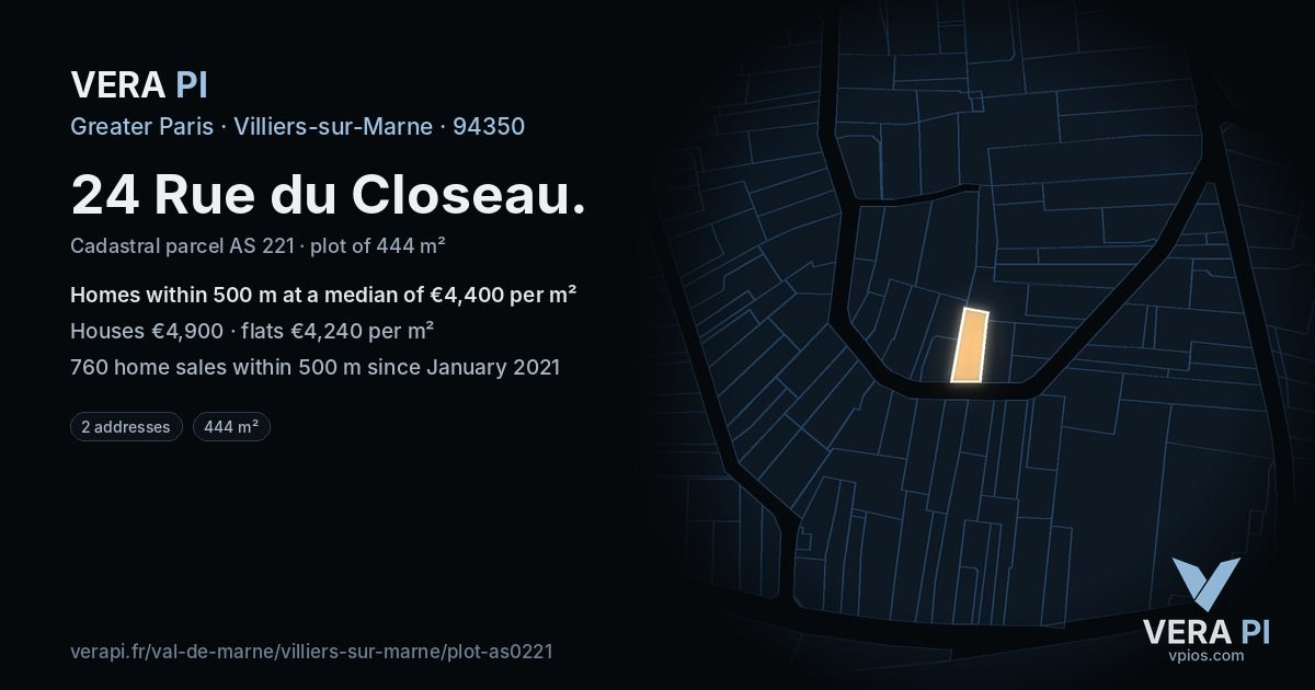 24 Rue du Closeau, Villiers-sur-Marne at night – the plot lit, the parcels around coloured by the prices near them
