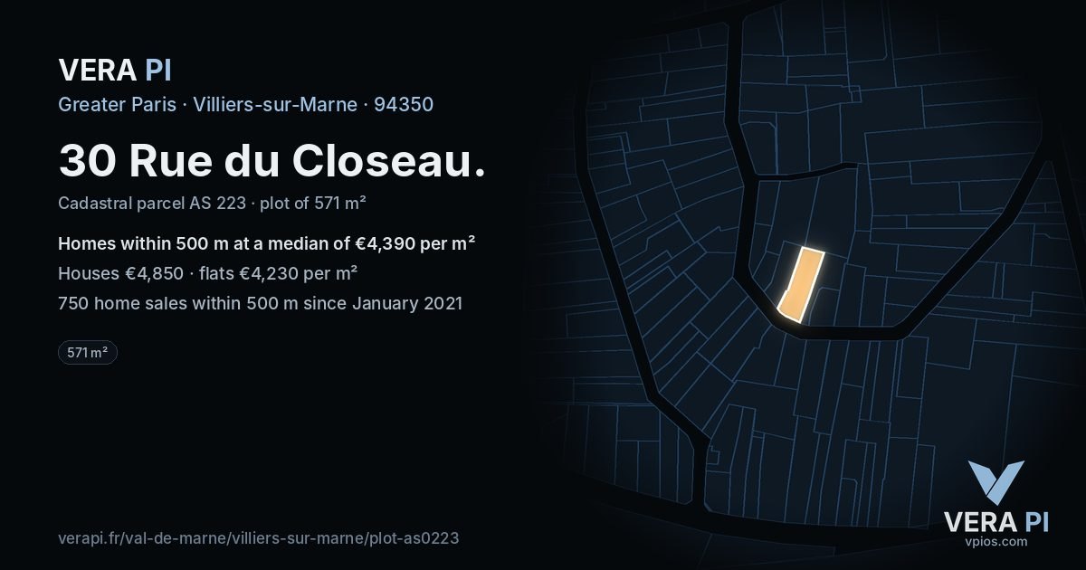 30 Rue du Closeau, Villiers-sur-Marne at night – the plot lit, the parcels around coloured by the prices near them