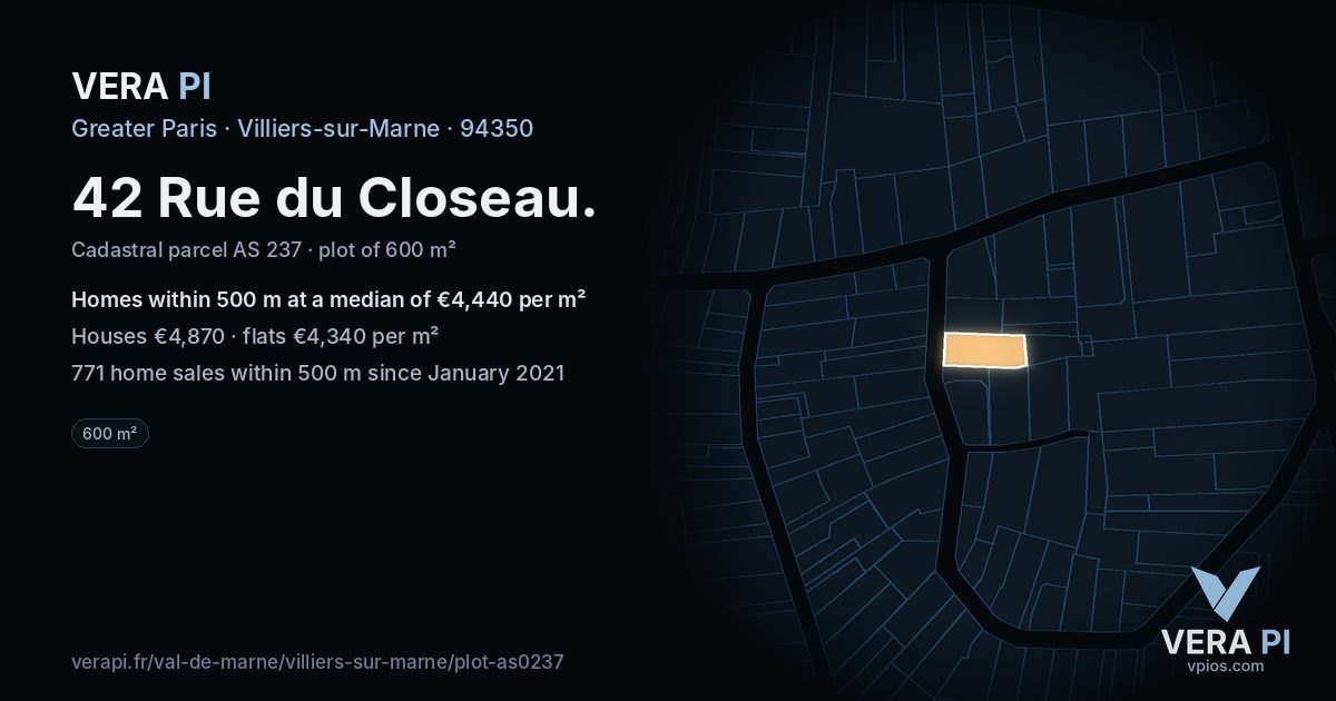 42 Rue du Closeau, Villiers-sur-Marne at night – the plot lit, the parcels around coloured by the prices near them