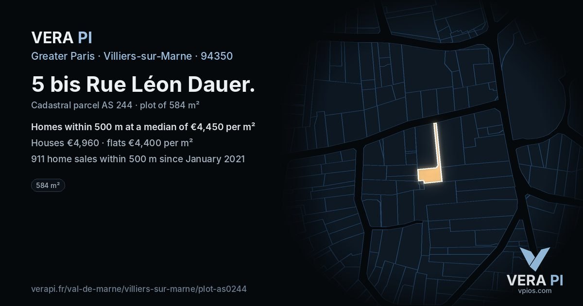 5 bis Rue Léon Dauer, Villiers-sur-Marne at night – the plot lit, the parcels around coloured by the prices near them
