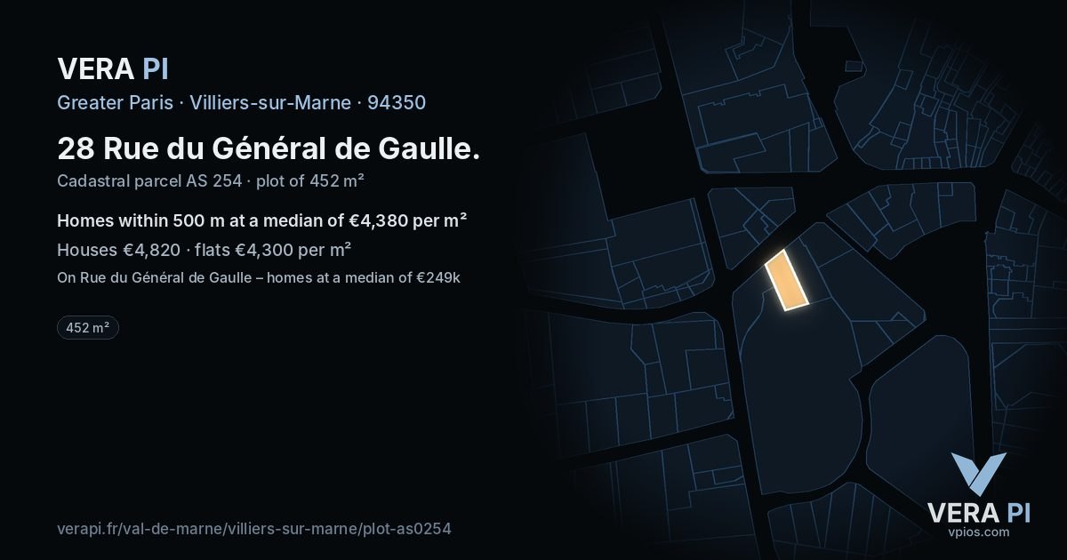 28 Rue du Général de Gaulle, Villiers-sur-Marne at night – the plot lit, the parcels around coloured by the prices near them