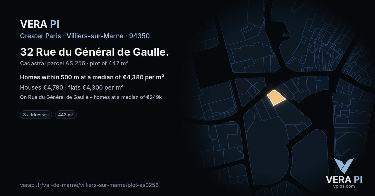 32 Rue du Général de Gaulle, Villiers-sur-Marne at night – the plot lit, the parcels around coloured by the prices near them