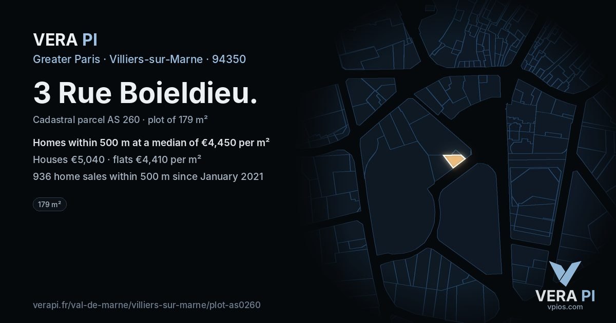 3 Rue Boieldieu, Villiers-sur-Marne at night – the plot lit, the parcels around coloured by the prices near them