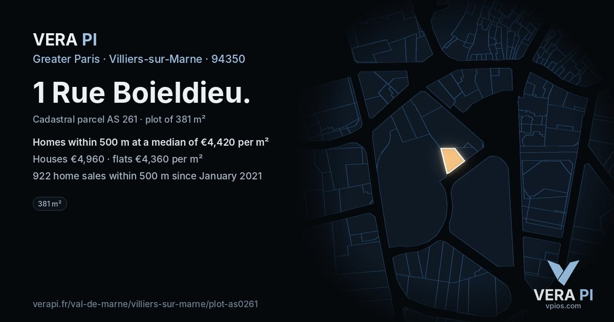 1 Rue Boieldieu, Villiers-sur-Marne at night – the plot lit, the parcels around coloured by the prices near them