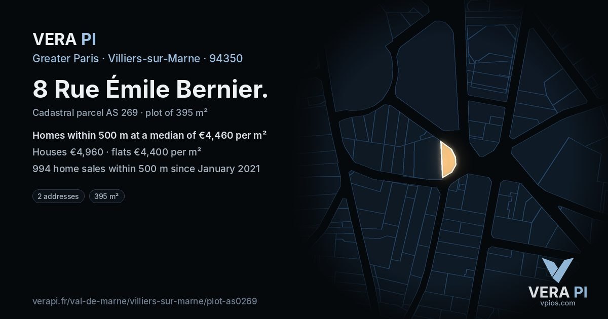 8 Rue Émile Bernier, Villiers-sur-Marne at night – the plot lit, the parcels around coloured by the prices near them