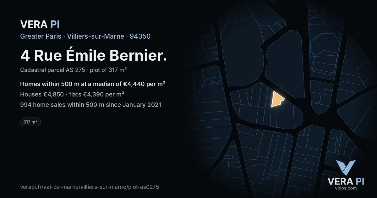 4 Rue Émile Bernier, Villiers-sur-Marne at night – the plot lit, the parcels around coloured by the prices near them