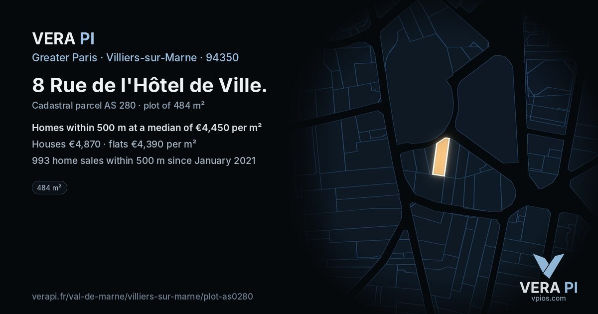 8 Rue de l'Hôtel de Ville, Villiers-sur-Marne at night – the plot lit, the parcels around coloured by the prices near them