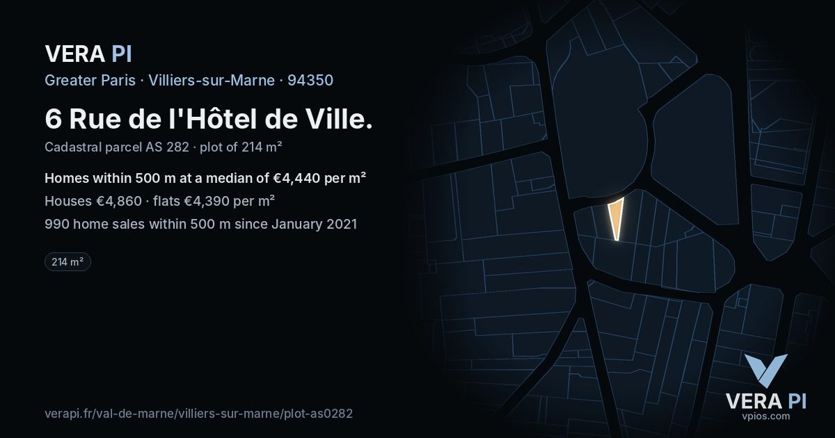 6 Rue de l'Hôtel de Ville, Villiers-sur-Marne at night – the plot lit, the parcels around coloured by the prices near them