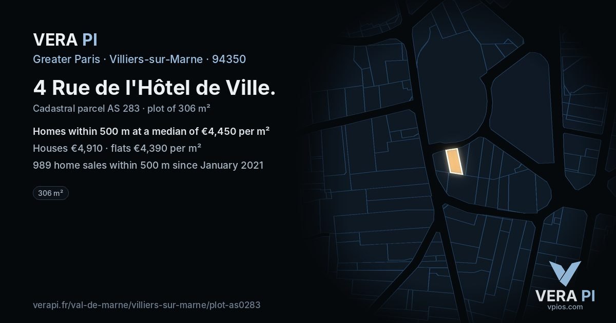 4 Rue de l'Hôtel de Ville, Villiers-sur-Marne at night – the plot lit, the parcels around coloured by the prices near them