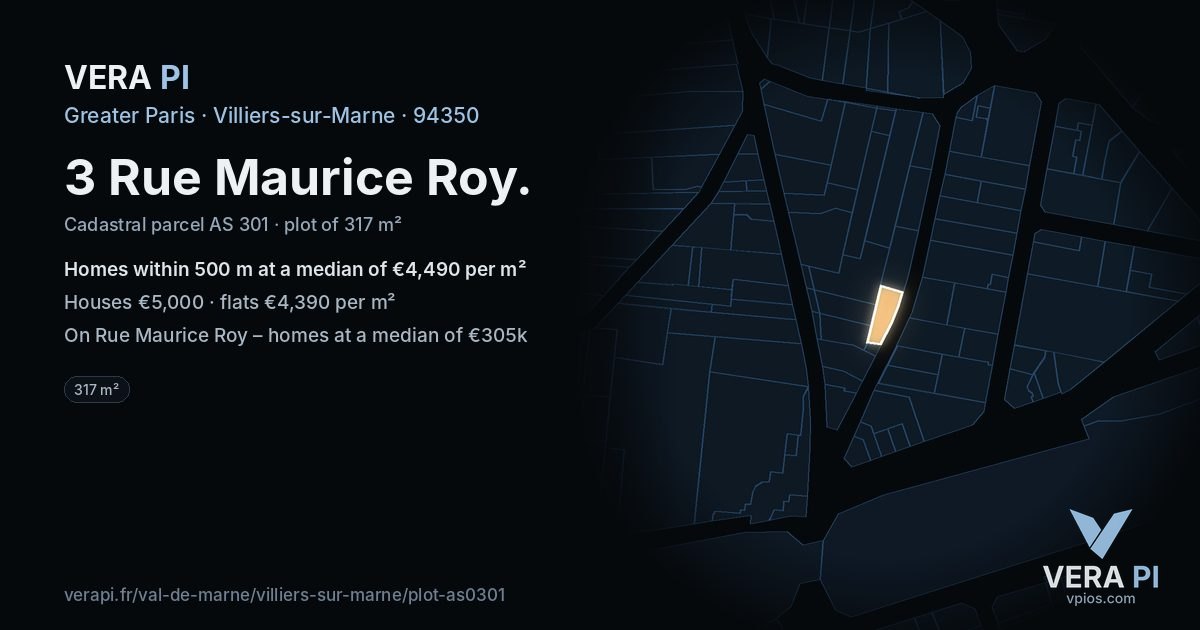 3 Rue Maurice Roy, Villiers-sur-Marne at night – the plot lit, the parcels around coloured by the prices near them