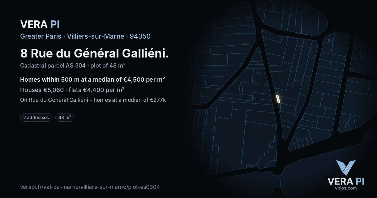 8 Rue du Général Galliéni, Villiers-sur-Marne at night – the plot lit, the parcels around coloured by the prices near them