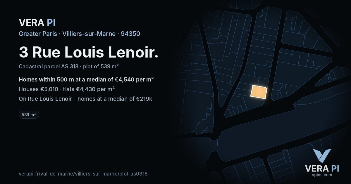 3 Rue Louis Lenoir, Villiers-sur-Marne at night – the plot lit, the parcels around coloured by the prices near them