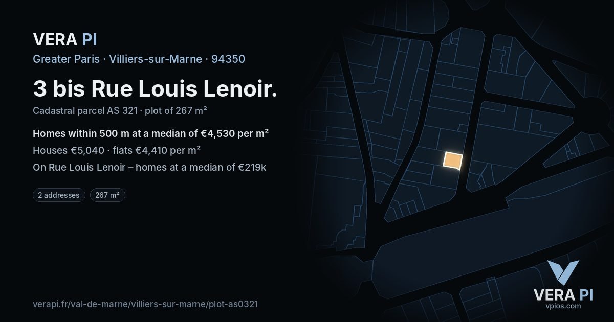 3 bis Rue Louis Lenoir, Villiers-sur-Marne at night – the plot lit, the parcels around coloured by the prices near them