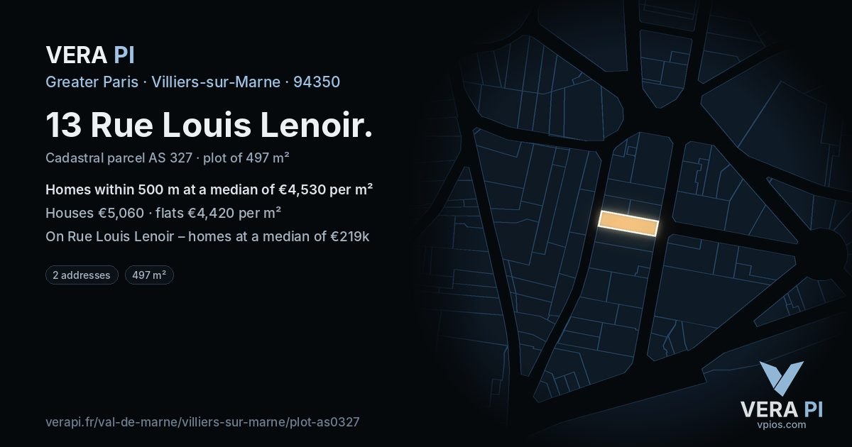 13 Rue Louis Lenoir, Villiers-sur-Marne at night – the plot lit, the parcels around coloured by the prices near them