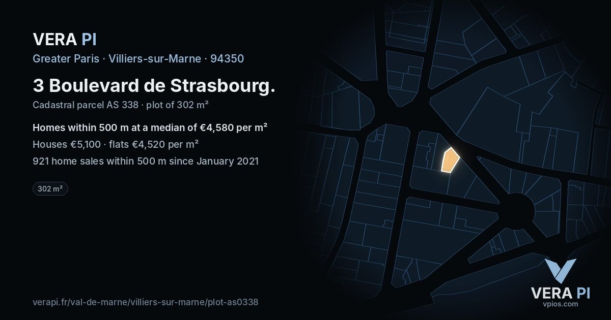 3 Boulevard de Strasbourg, Villiers-sur-Marne at night – the plot lit, the parcels around coloured by the prices near them