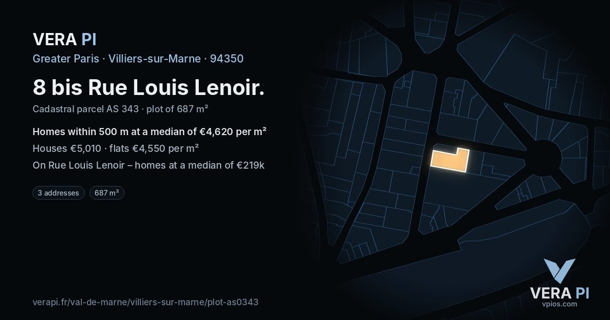 8 bis Rue Louis Lenoir, Villiers-sur-Marne at night – the plot lit, the parcels around coloured by the prices near them