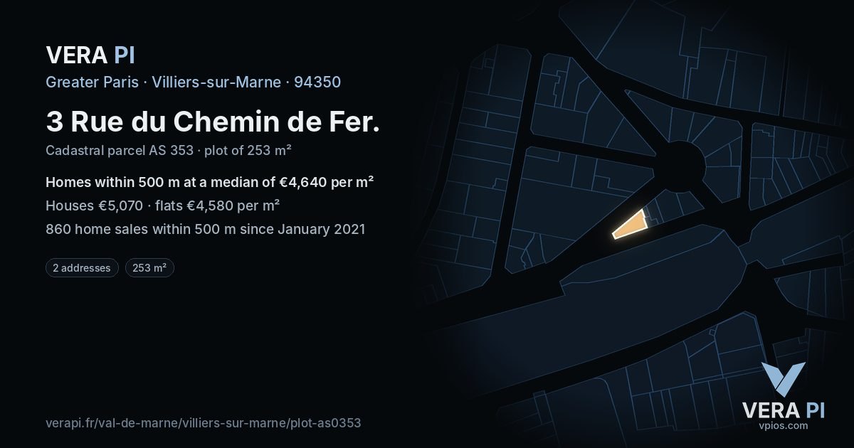 3 Rue du Chemin de Fer, Villiers-sur-Marne at night – the plot lit, the parcels around coloured by the prices near them