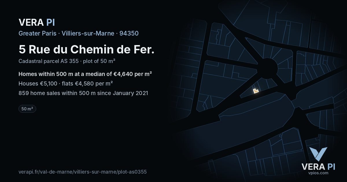 5 Rue du Chemin de Fer, Villiers-sur-Marne at night – the plot lit, the parcels around coloured by the prices near them