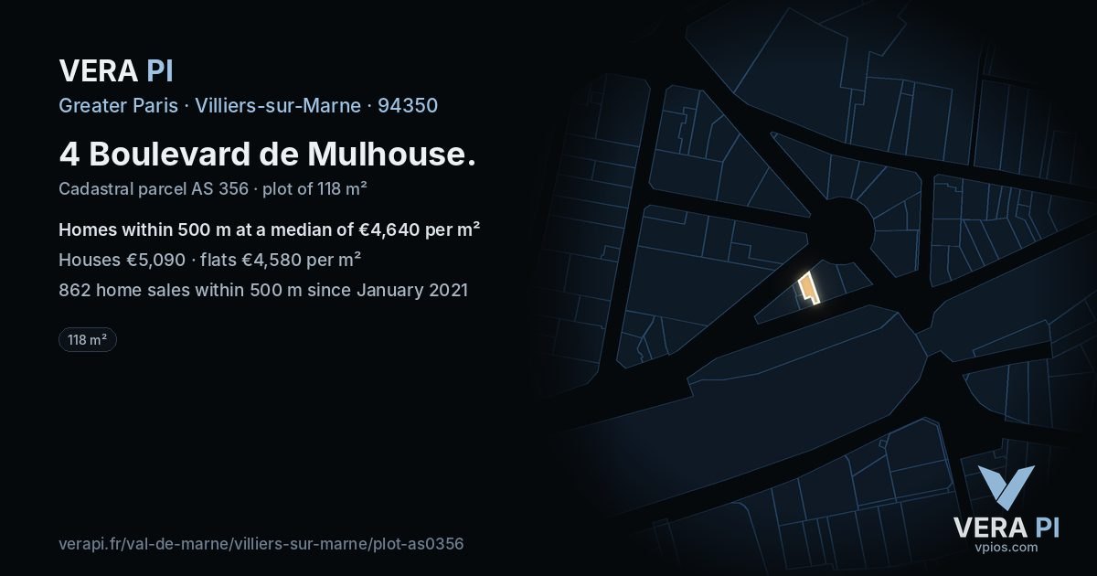 4 Boulevard de Mulhouse, Villiers-sur-Marne at night – the plot lit, the parcels around coloured by the prices near them